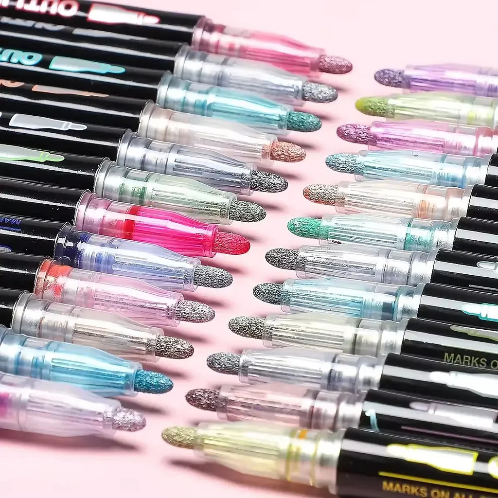 12 Colors Double Line Marker Pens Set