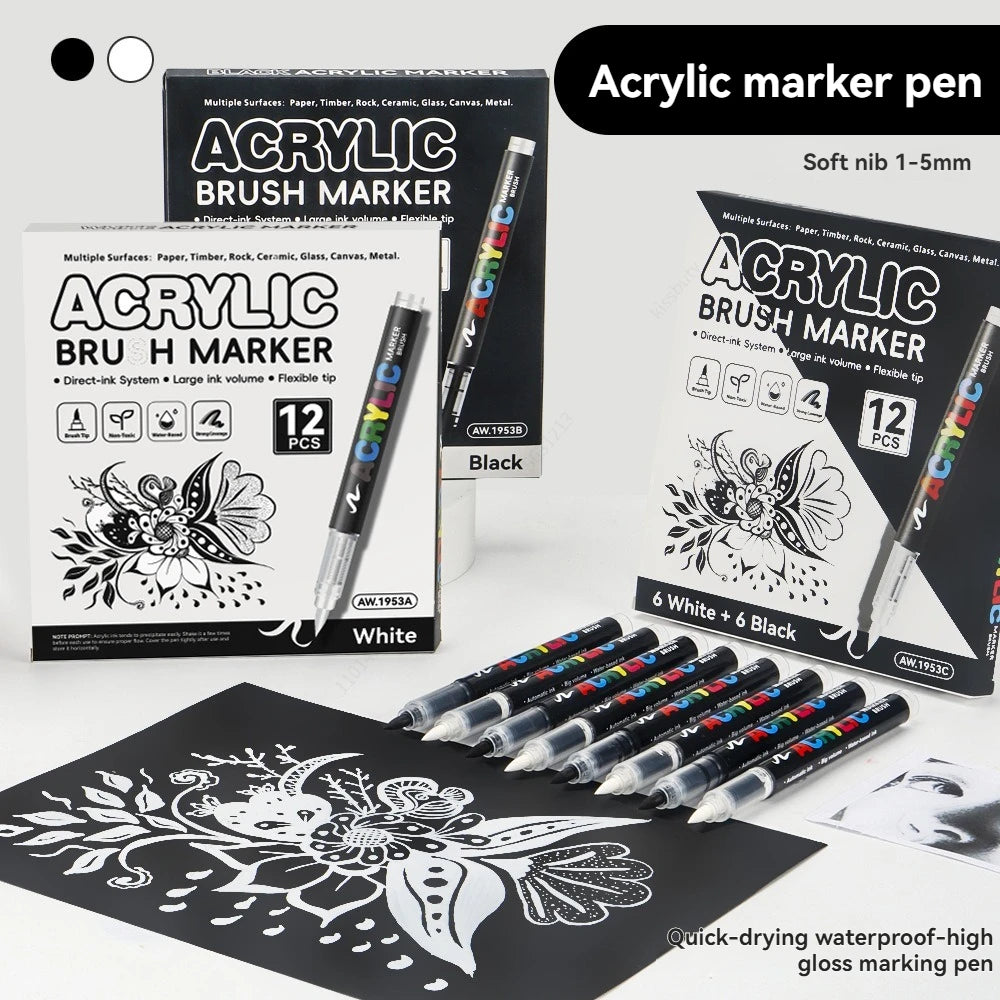 12Pcs Black/White Premium Acrylic Marker