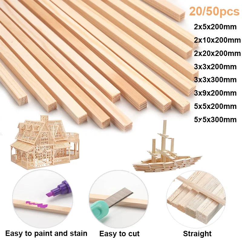 20-50pcs 2/3/5mm Balsa Wood Craft Sticks