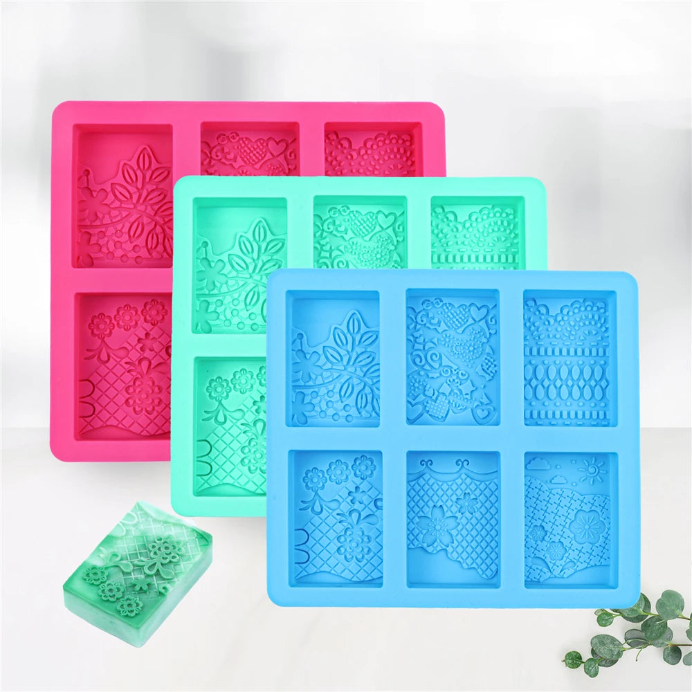 6-Cavity Silicone Soap Molds with Mixed Lace Patterns Perfect for DIY Rectangle Soap Making and Home Decor Crafts
