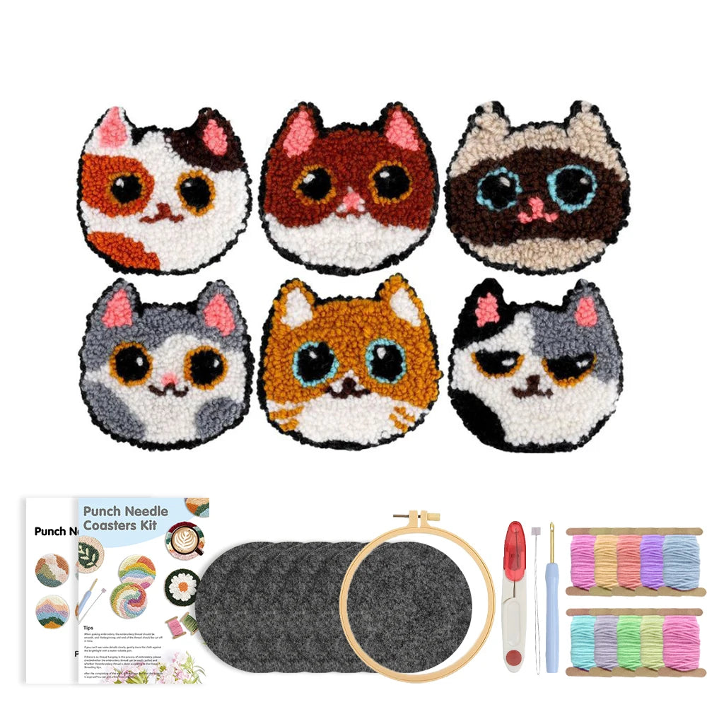 6pcs Cat Punch Needle Embroidery Coaster Set