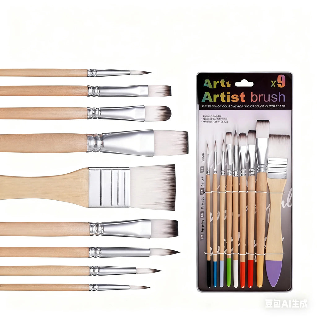 Beginner Brush Set - 9pcs Nylon Hair for Canvas Watercolor Acrylic Oil Painting, Artist Painting Tools