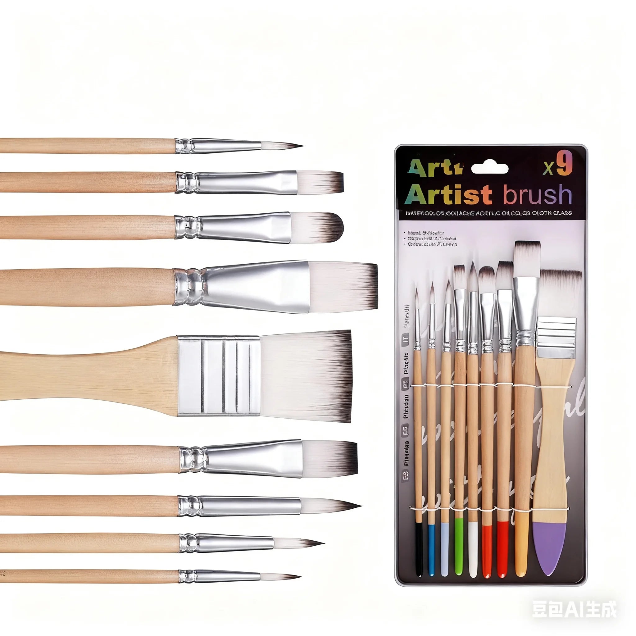 Beginner Brush Set - 9pcs Nylon Hair for Canvas Watercolor Acrylic Oil Painting, Artist Painting Tools