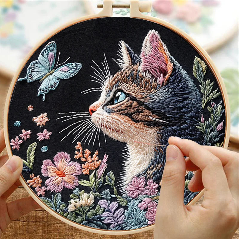 Cat and Flower Embroidery Kit