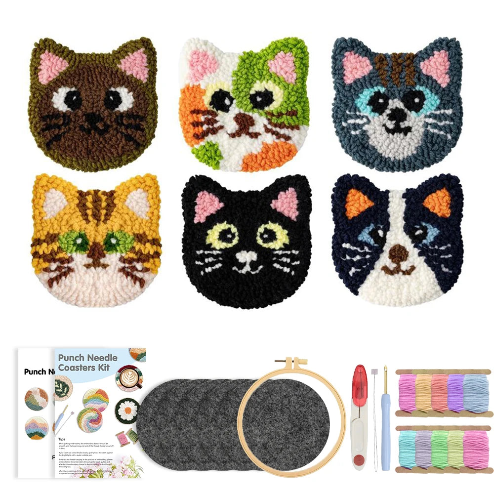 6pcs Cat Punch Needle Embroidery Coaster Set