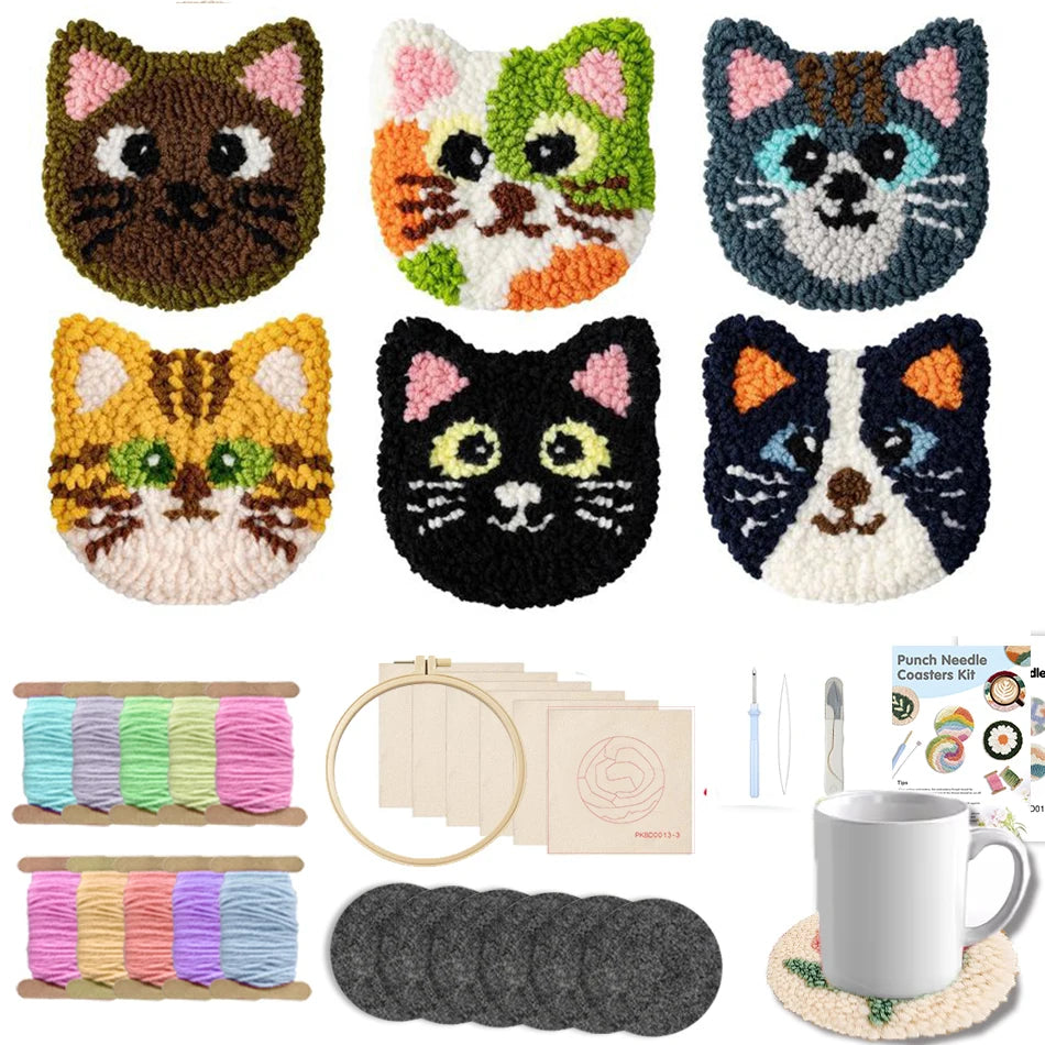 6pcs Cat Punch Needle Embroidery Coaster Set