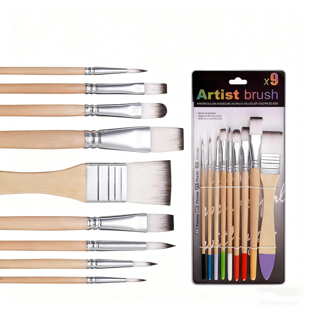 Beginner Brush Set - 9pcs Nylon Hair for Canvas Watercolor Acrylic Oil Painting, Artist Painting Tools