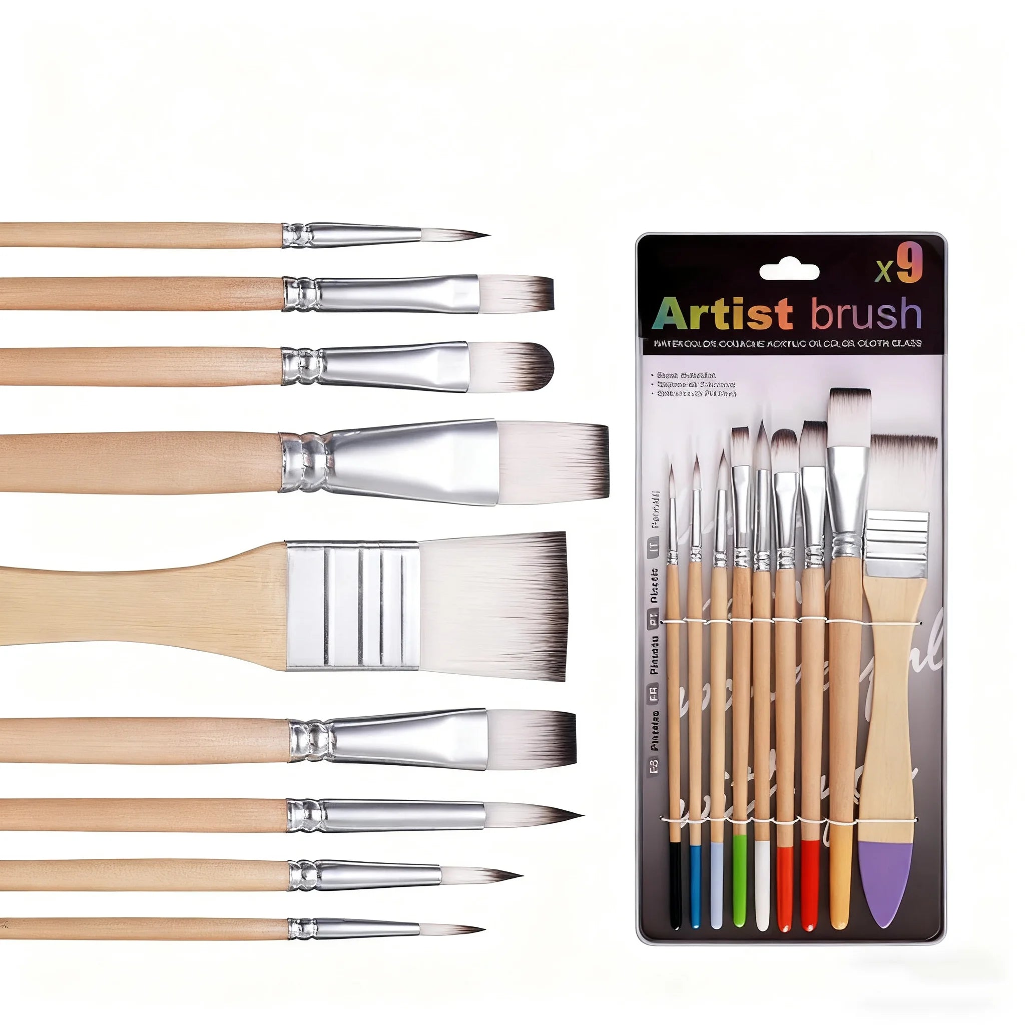 Beginner Brush Set - 9pcs Nylon Hair for Canvas Watercolor Acrylic Oil Painting, Artist Painting Tools