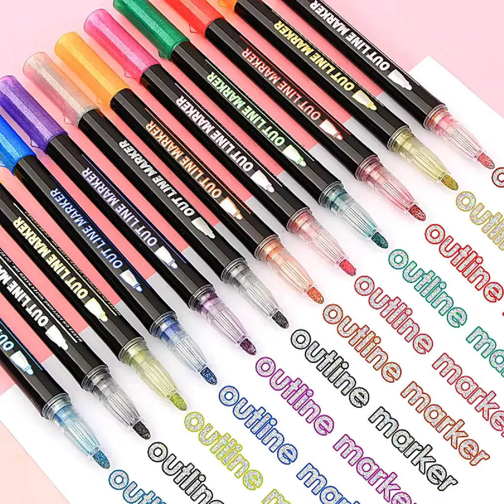 12 Colors Double Line Marker Pens Set
