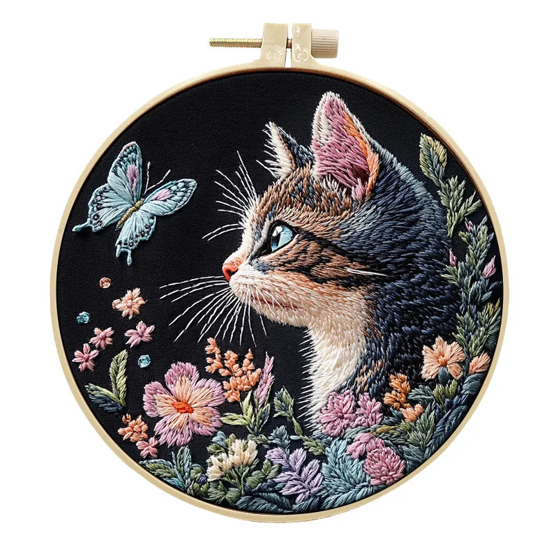 Cat and Flower Embroidery Kit