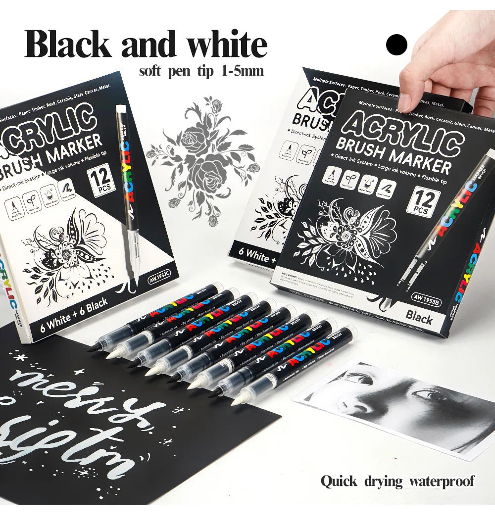 12Pcs Black/White Premium Acrylic Marker
