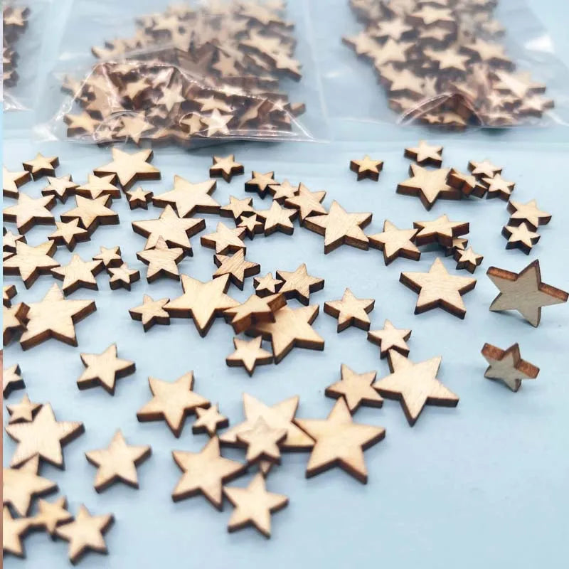 100-300Pcs Wooden Stars Slices Mixed Size Wooden Star Blank Wooden Crafts Pieces Christmas Wedding DIY Scrapbook Party Crafts