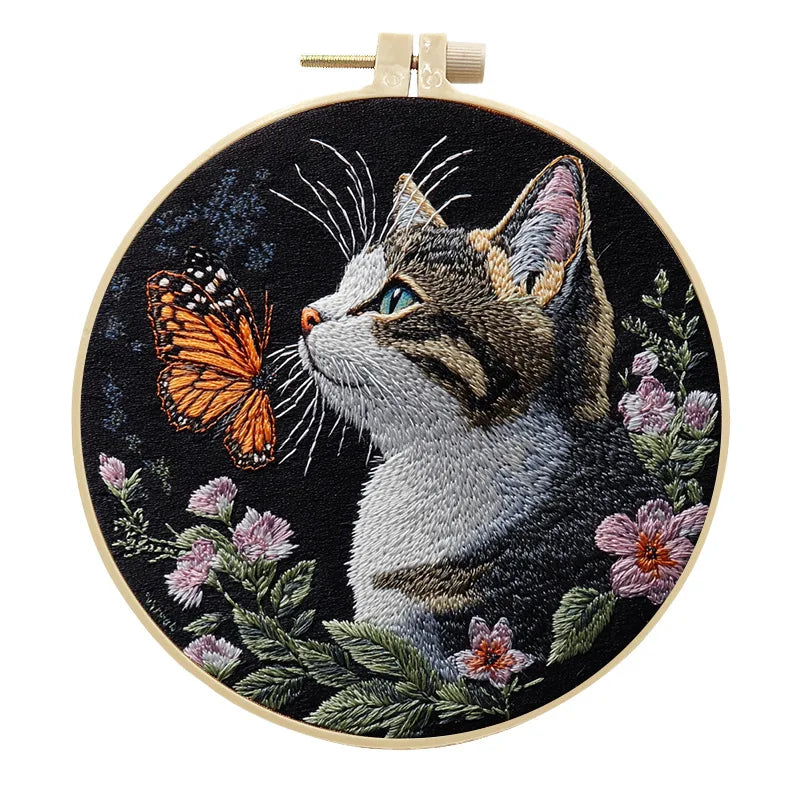 Cat and Flower Embroidery Kit