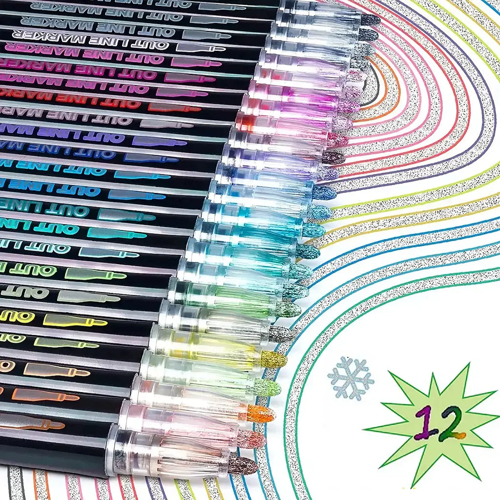 12 Colors Double Line Marker Pens Set