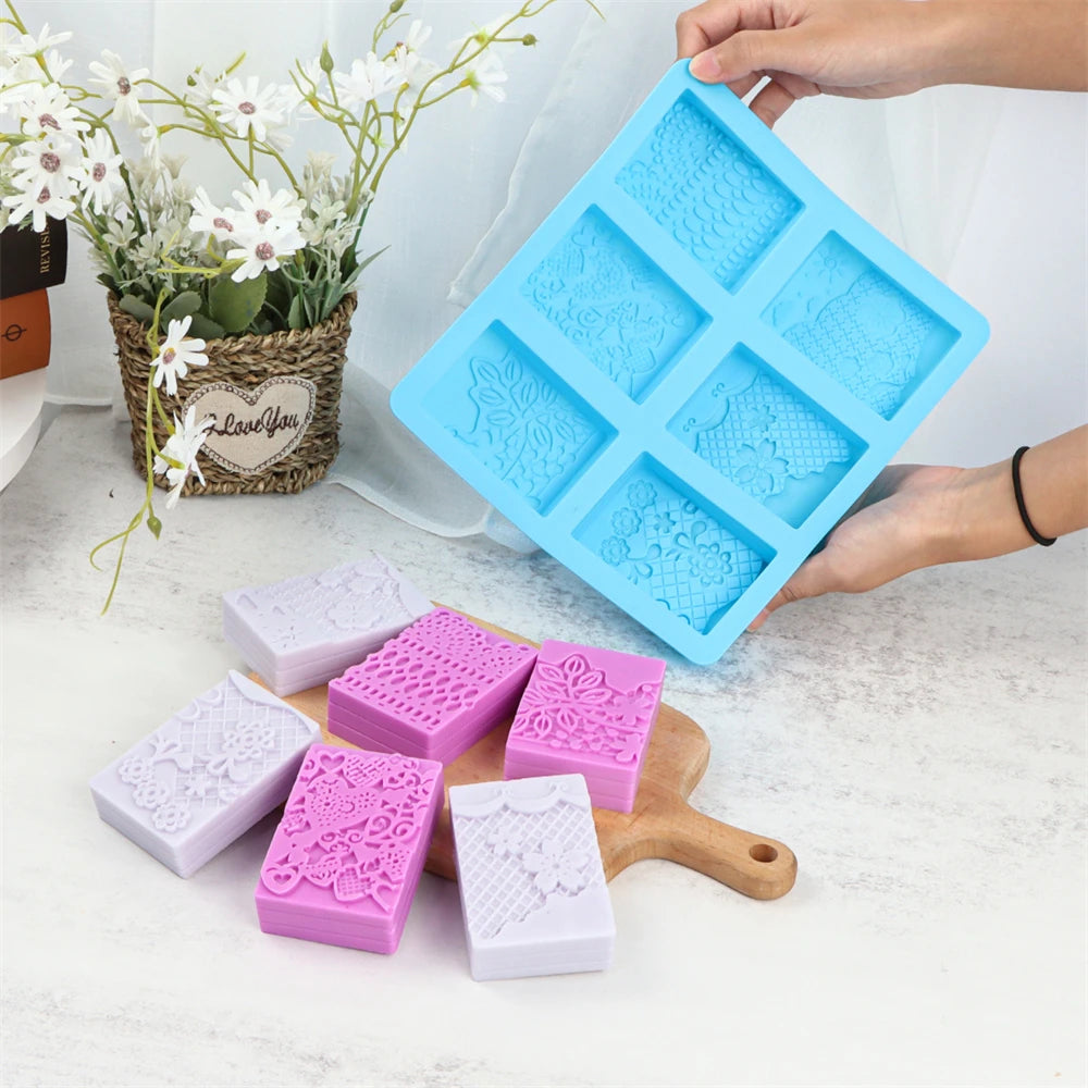 6-Cavity Silicone Soap Molds with Mixed Lace Patterns Perfect for DIY Rectangle Soap Making and Home Decor Crafts