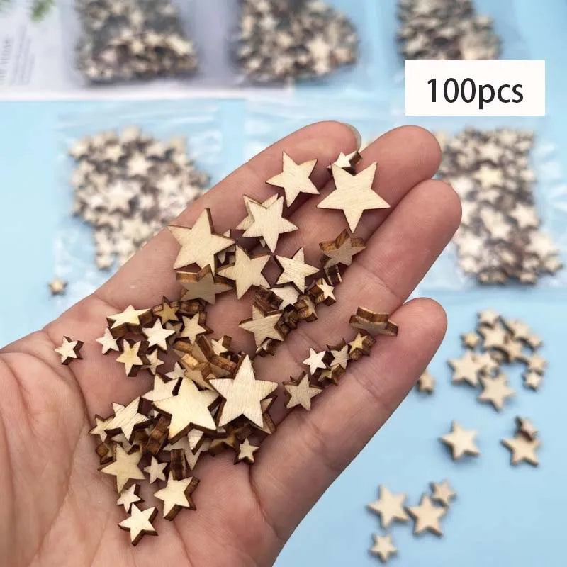 100-300Pcs Wooden Stars Slices Mixed Size Wooden Star Blank Wooden Crafts Pieces Christmas Wedding DIY Scrapbook Party Crafts