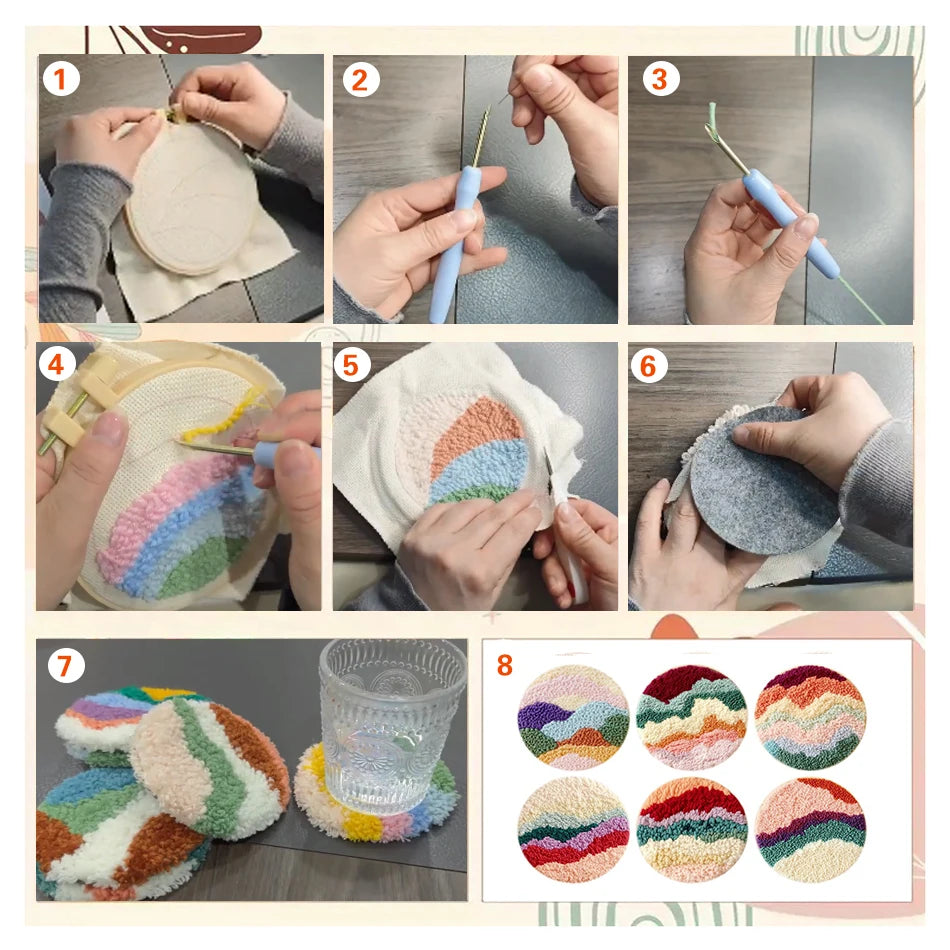 6pcs Cat Punch Needle Embroidery Coaster Set