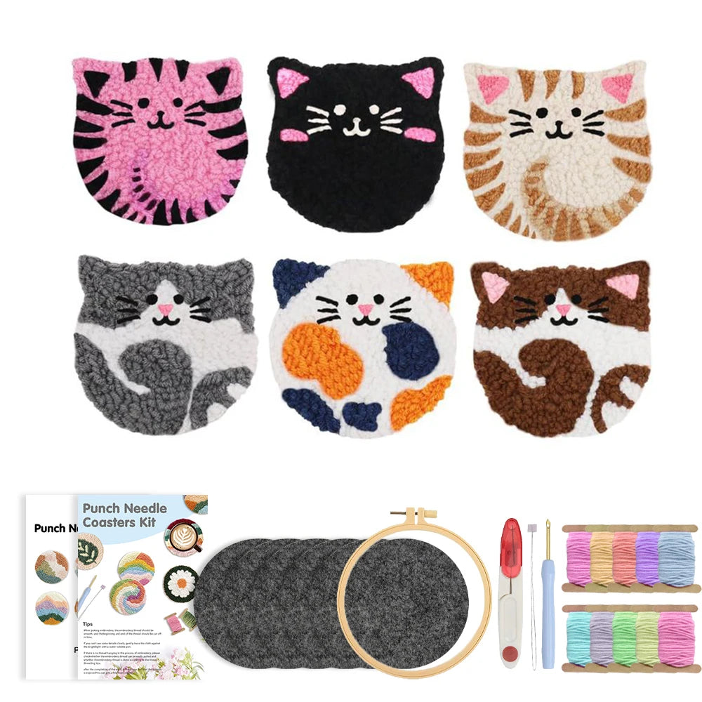 6pcs Cat Punch Needle Embroidery Coaster Set