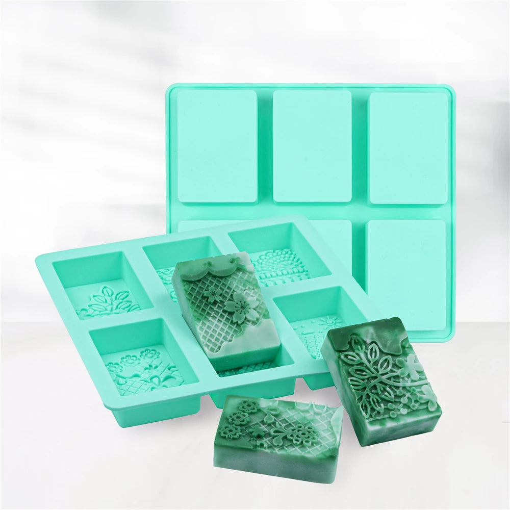 6-Cavity Silicone Soap Molds with Mixed Lace Patterns Perfect for DIY Rectangle Soap Making and Home Decor Crafts