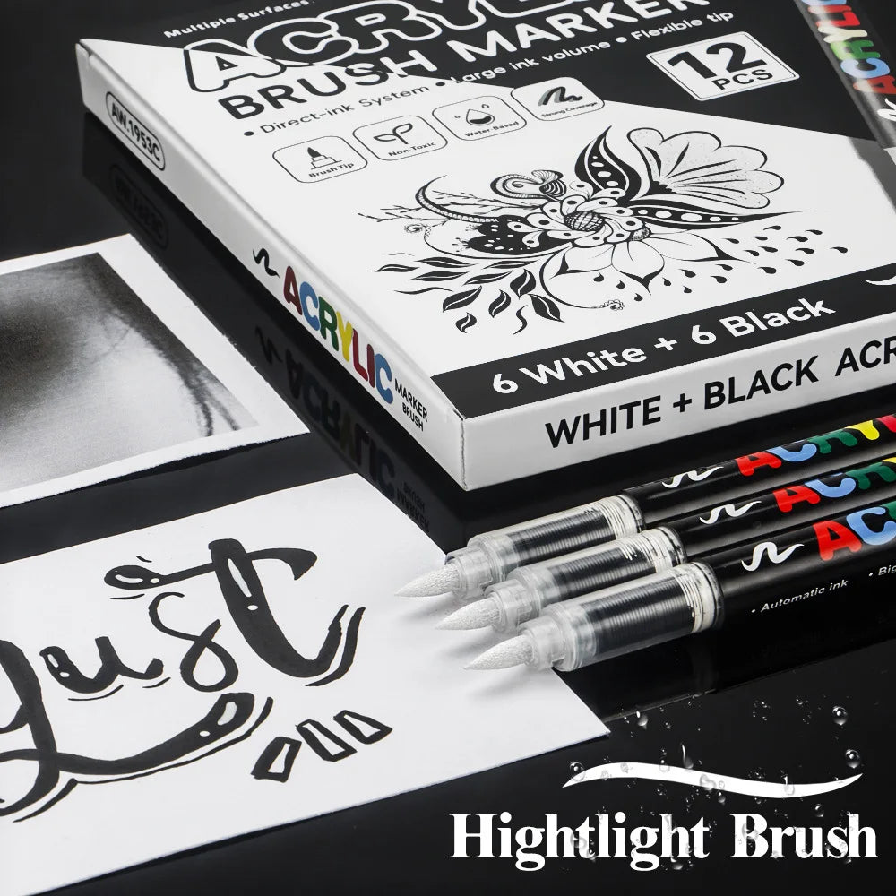12Pcs Black/White Premium Acrylic Marker