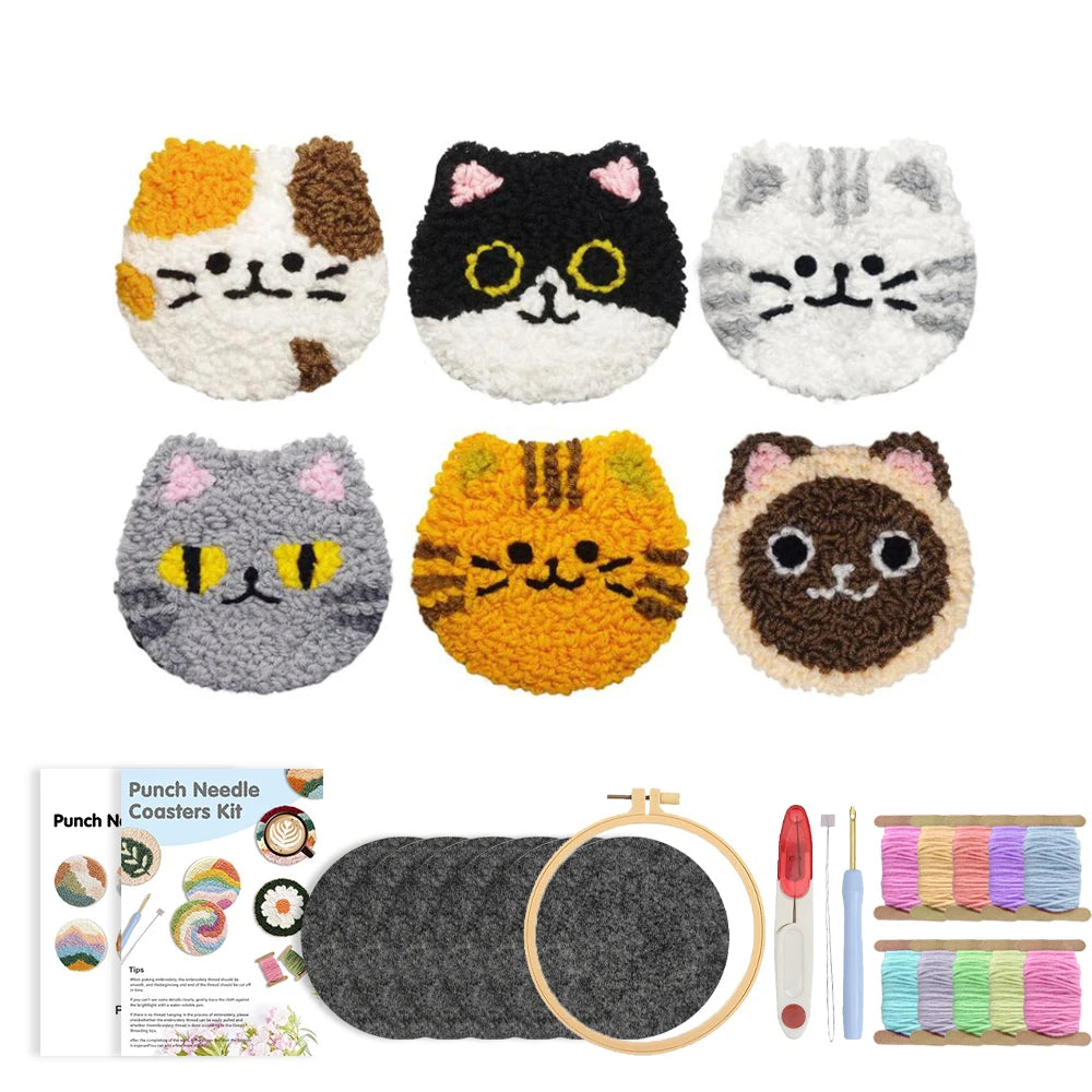6pcs Cat Punch Needle Embroidery Coaster Set