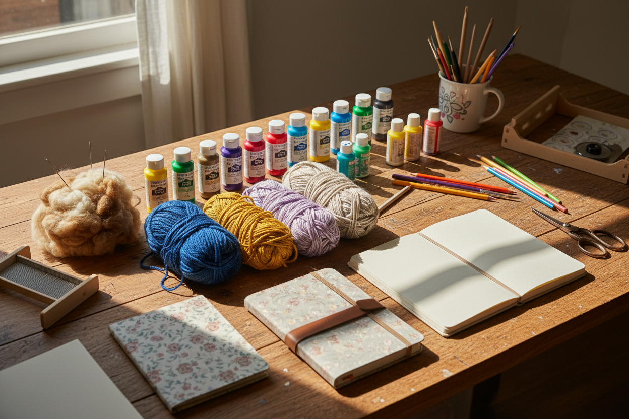 realisitc image that shows different arts and crafts supplies, yarn, paint, fiber art, sketch books 