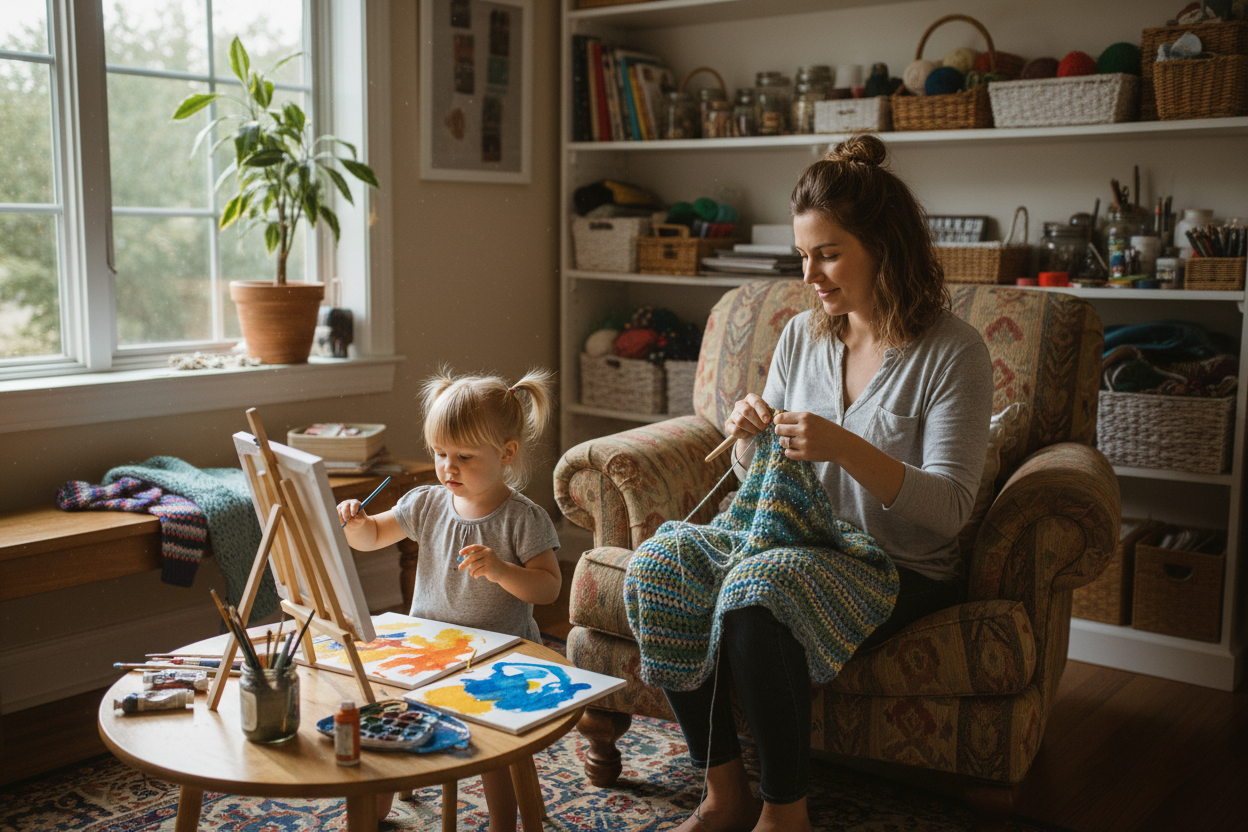 realsiitc image of a mom doing crochet and a kid painting 